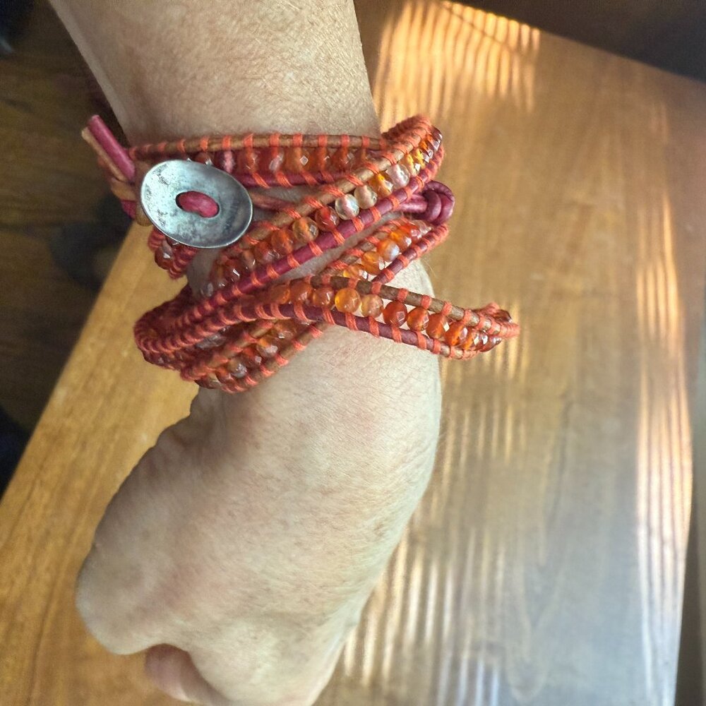 chan luu wrap bracelet punk orange stone leather zen handwoven crochet